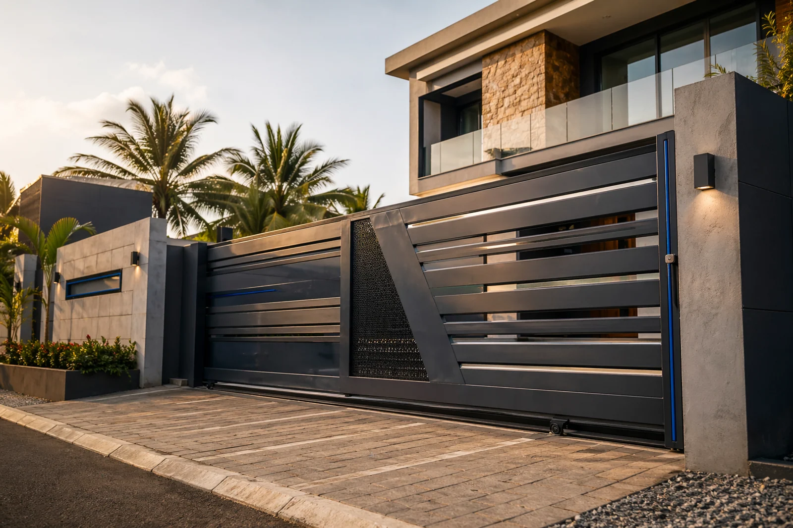 Custom steel sliding gate at a modern property