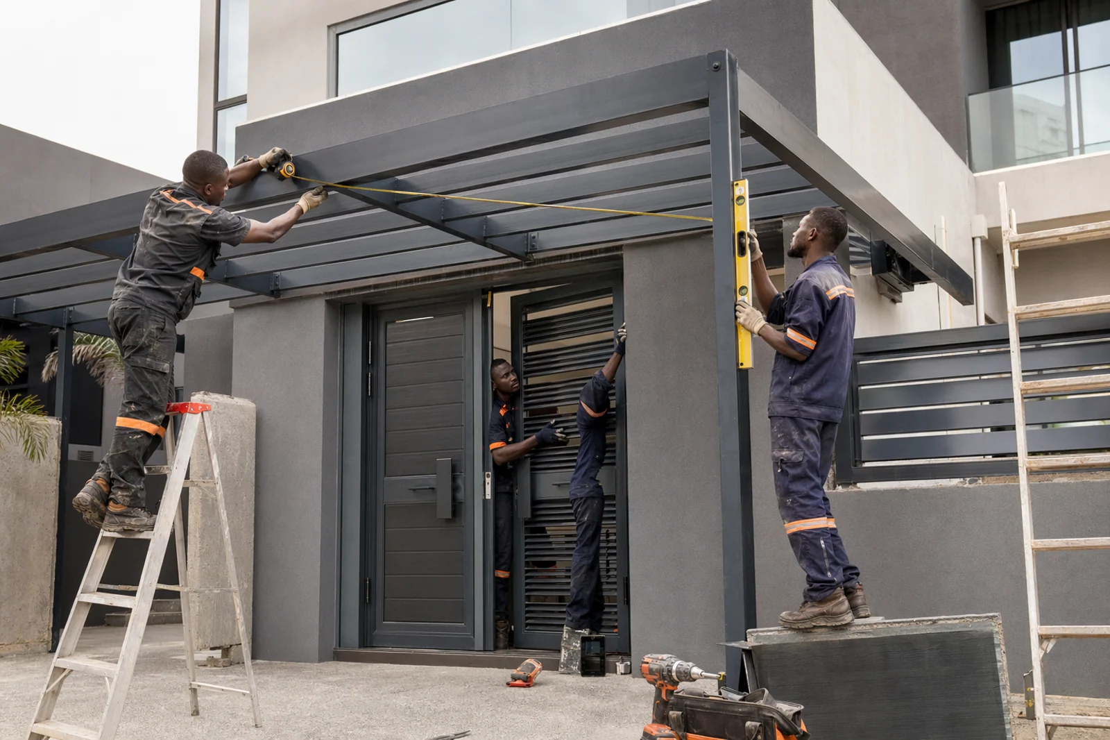 On-site steel canopy installation